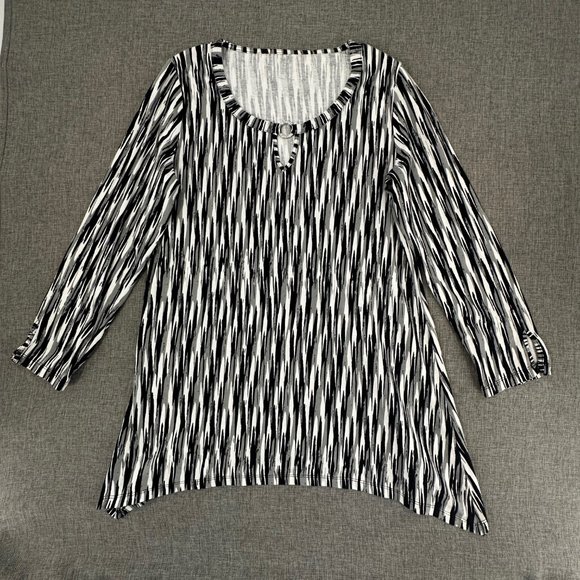 Anne Klein Sport Asymmetrical Tunic Top Small Black White Gray Cotton Keyhole Ne - Picture 1 of 12